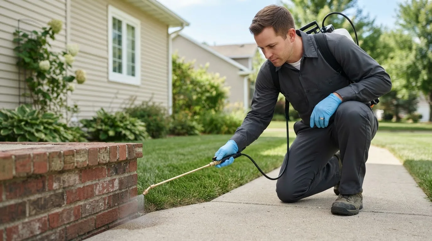 Pest control technician treating a home near Monument Beach, MA